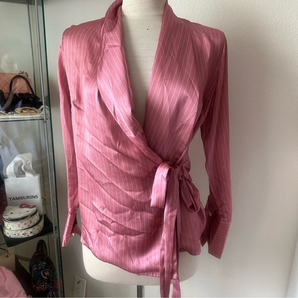 Pink Striped Wrap Blouse